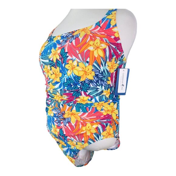 Caribbean Joe Shirred One-Piece Swimsuit Size 16 Floral Multicolor Slimming $108 - Picture 2 of 9